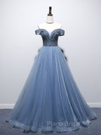 Blue Sweetheart Neck Beads Long Formal Prom Dresses, Blue Tulle Formal Dresses With Beading Sequin
