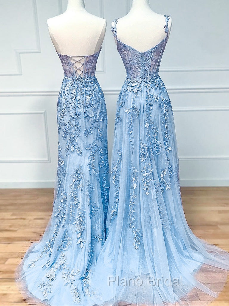 Blue Sweetheart Neck Lace Long Formal Prom Dresses, Blue Lace Graduation Dresses Secondary image