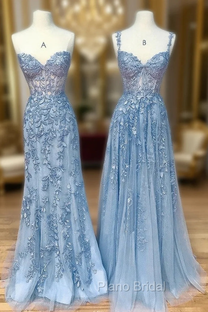 Blue Sweetheart Neck Lace Long Formal Prom Dresses, Blue Lace Graduation Dresses