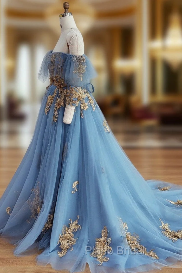 Blue Sweetheart Neck Off Shoulder Long Formal Prom Dresses, Lace Evening Dresses