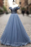 Blue Sweetheart Neck Tulle Beads Off Shoulder Long Formal Prom Dresses