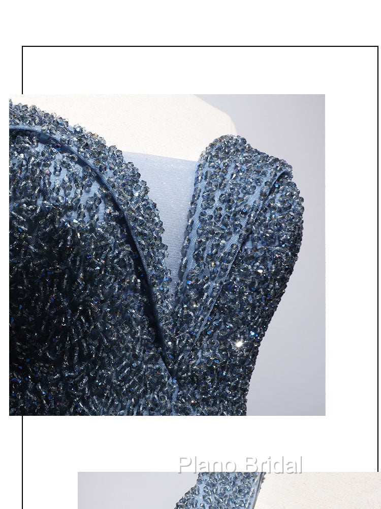 Blue Sweetheart Neck Tulle Beads Off Shoulder Long Formal Prom Dresses