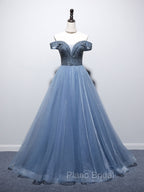 Blue Sweetheart Neck Tulle Beads Off Shoulder Long Formal Prom Dresses