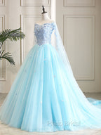 Blue Sweetheart Neck Tulle Lace Long Formal Prom Dresses, Blue Evening Dresses