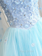 Blue Sweetheart Neck Tulle Lace Long Formal Prom Dresses, Blue Evening Dresses