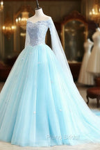 Blue Sweetheart Neck Tulle Lace Long Formal Prom Dresses, Blue Evening Dresses
