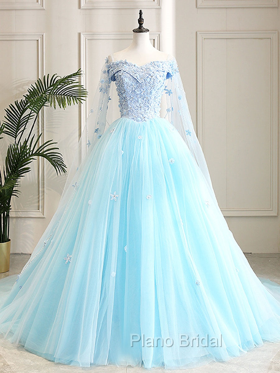 Blue Sweetheart Neck Tulle Lace Long Formal Prom Dresses, Blue Evening Dresses Main image