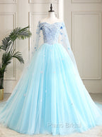 Blue Sweetheart Neck Tulle Lace Long Formal Prom Dresses, Blue Evening Dresses
