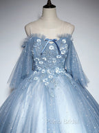Blue Sweetheart Neck Tulle Lace Long Formal Prom Dresses, Blue Evening Dresses
