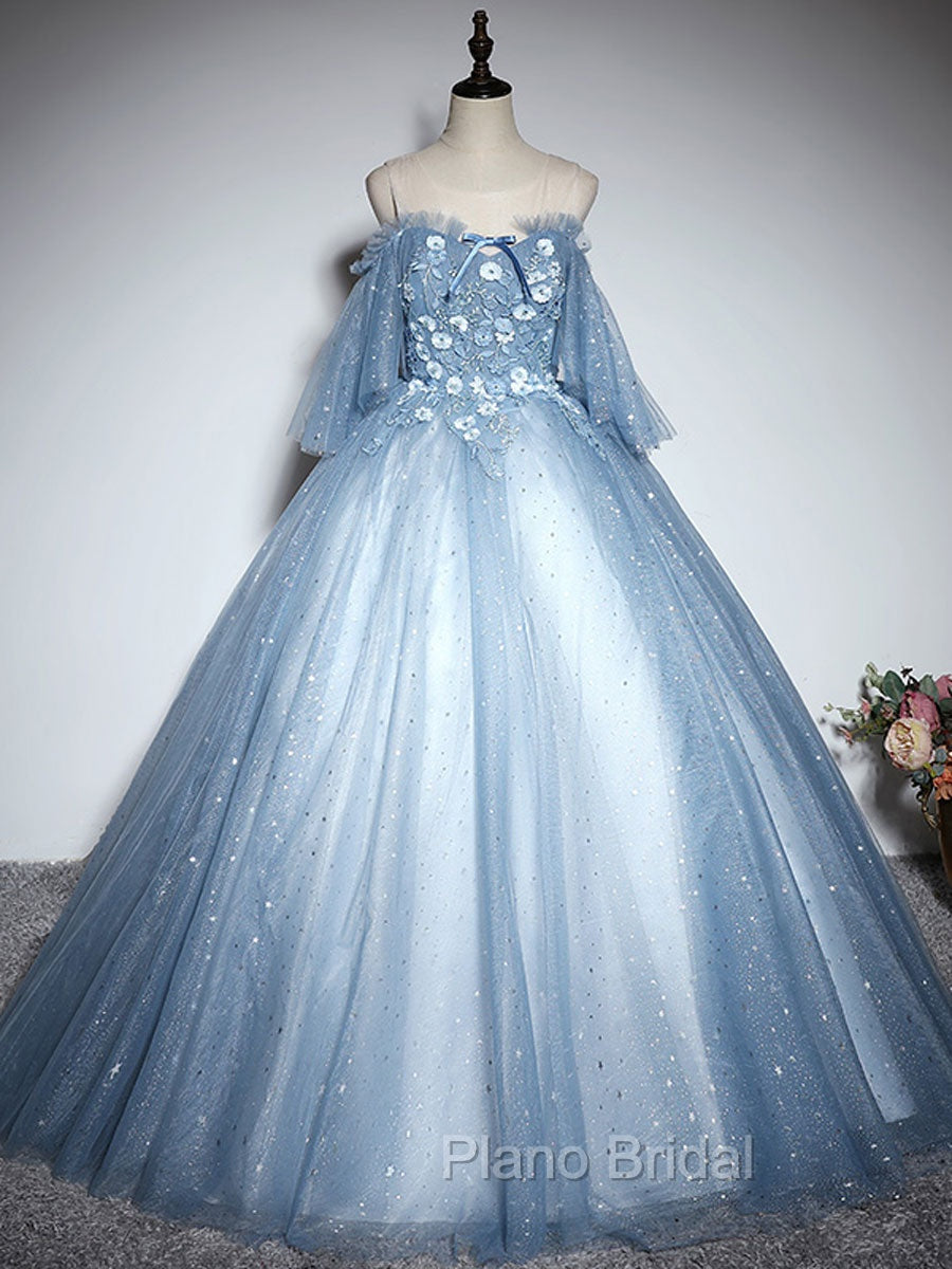 Blue Sweetheart Neck Tulle Lace Long Formal Prom Dresses, Blue Evening Dresses