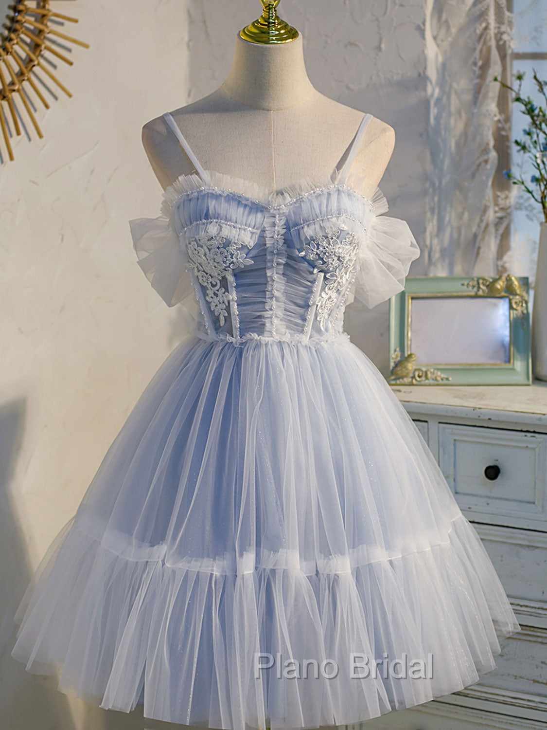 Blue sweetheart neck tulle lace short Formal Prom Dresses blue puffy homecoming Dresses Main image
