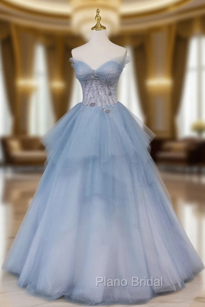 Blue Sweetheart Neck Tulle Long Formal Prom Gown, Blue Long Formal Graduation Dresses