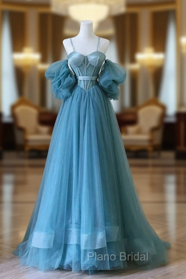 Blue Sweetheart Off Shoulder Long Party Dresses, Blue Tulle Formal Prom Dresses Main image