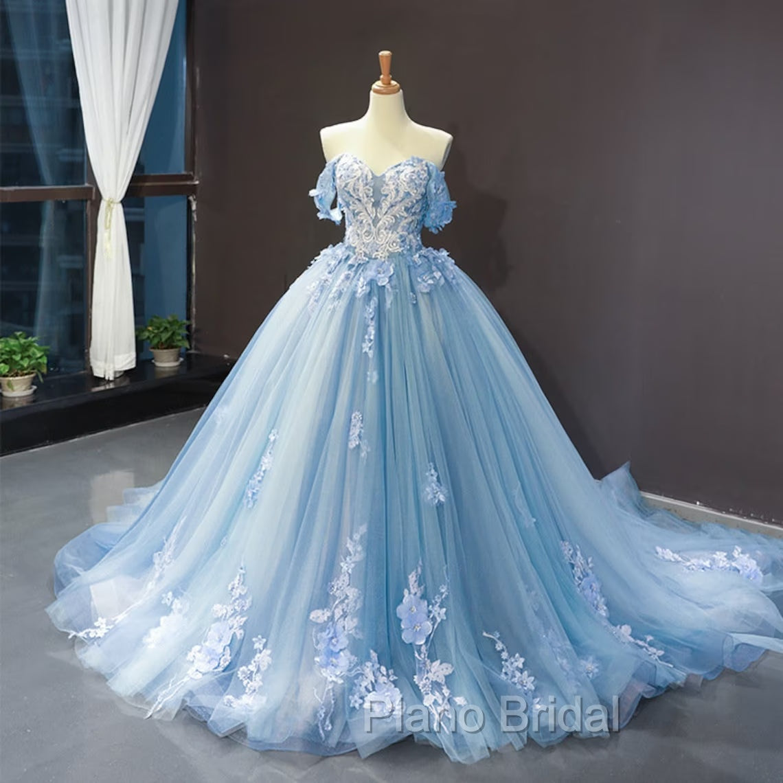 Blue Sweetheart Off Shoulder with Lace Applique Party Dresses, Blue Sweet 16 Dresses Secondary image