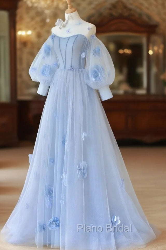 Blue Sweetheart Tulle 3D Flower Long Formal Prom Dresses, Blue Evening Dresses Secondary image