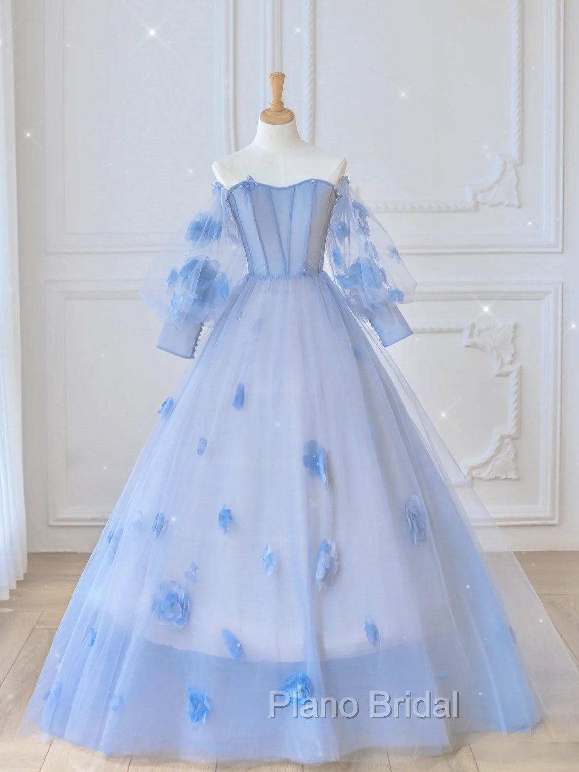 Blue Sweetheart Tulle 3D Flower Long Formal Prom Dresses, Blue Evening Dresses