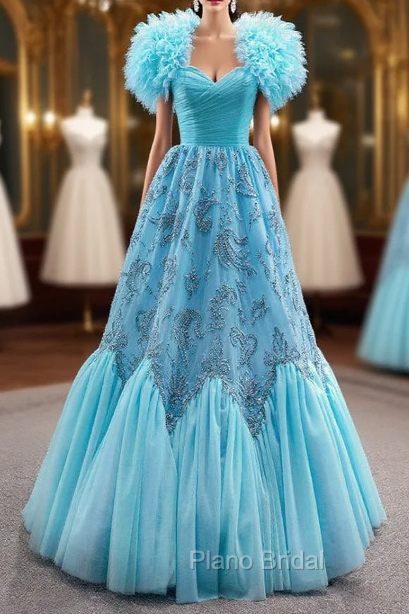 Blue Sweetheart Tulle Appliques Beading Pleats Formal Prom Dresses Main image