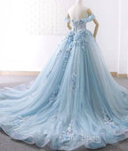 Blue Sweetheart Tulle Lace Long Formal Prom Dresses, Blue Wedding Dresses