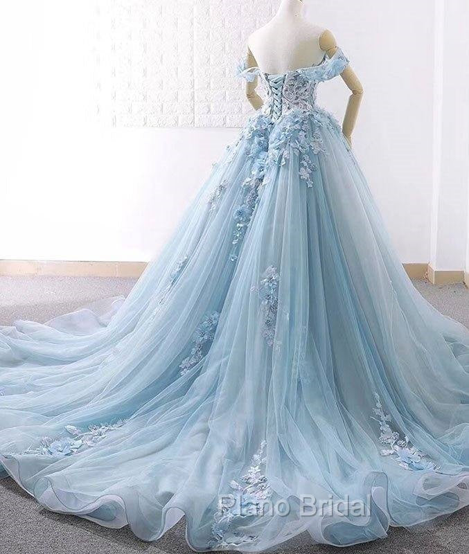 Blue Sweetheart Tulle Lace Long Formal Prom Dresses, Blue Wedding Dresses