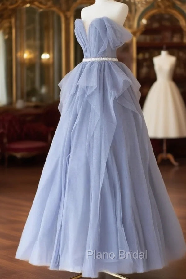 Blue Sweetheart Tulle Off-the-Shoulder Floor-Length Formal Prom Dresses, Blue Evening Gown Secondary image