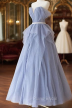 Blue Sweetheart Tulle Off-the-Shoulder Floor-Length Formal Prom Dresses, Blue Evening Gown
