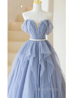 Blue Sweetheart Tulle Off-the-Shoulder Floor-Length Formal Prom Dresses, Blue Evening Gown