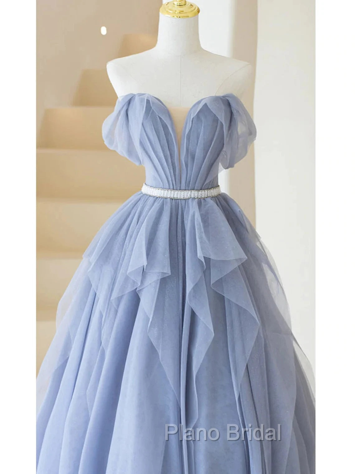 Blue Sweetheart Tulle Off-the-Shoulder Floor-Length Formal Prom Dresses, Blue Evening Gown