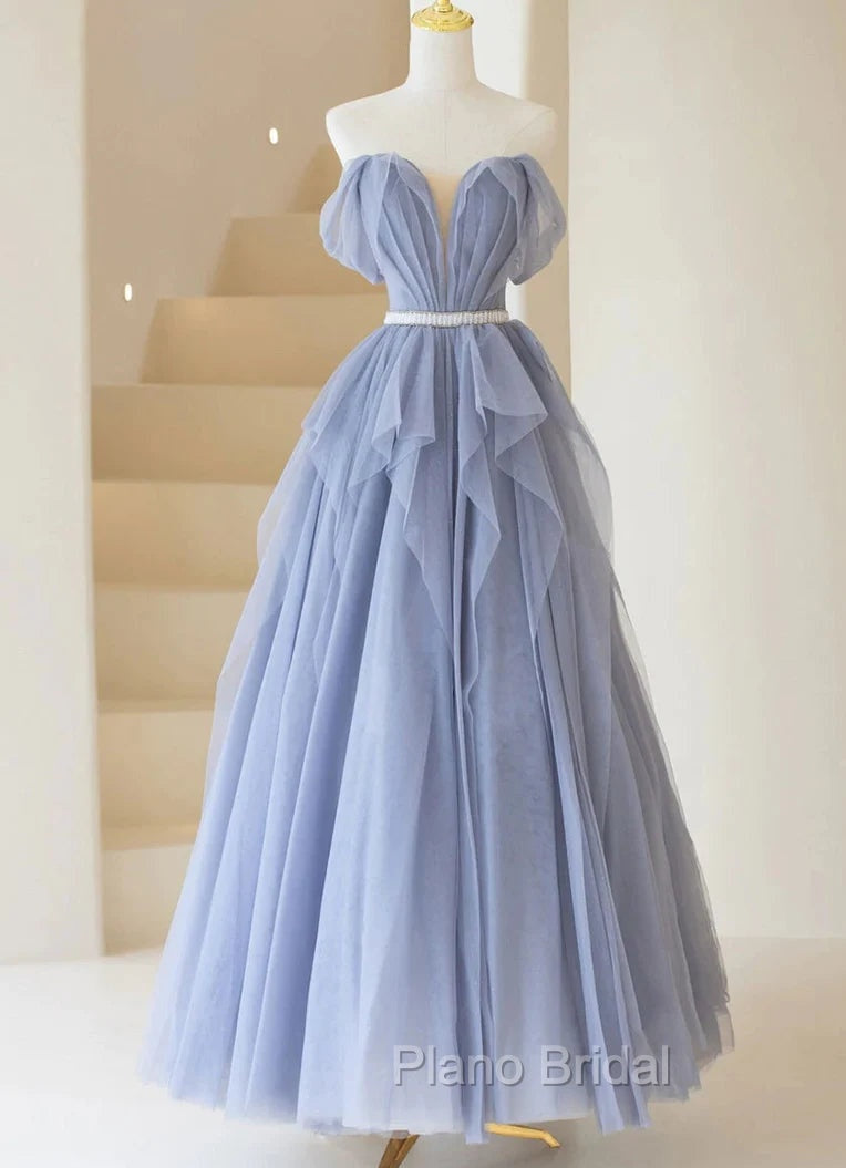 Blue Sweetheart Tulle Off-the-Shoulder Floor-Length Formal Prom Dresses, Blue Evening Gown