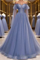 Blue sweetheart tulle sequin long Formal Prom dress blue formal dress