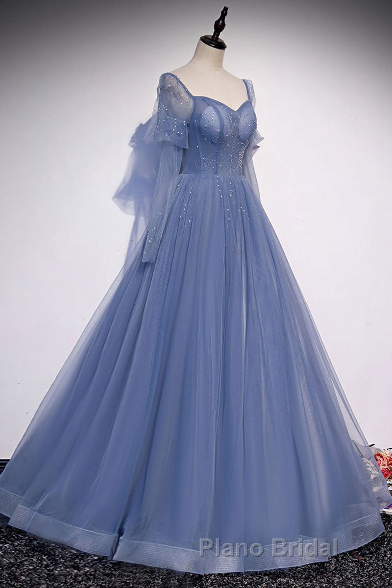 Blue sweetheart tulle sequin long Formal Prom dress blue formal dress