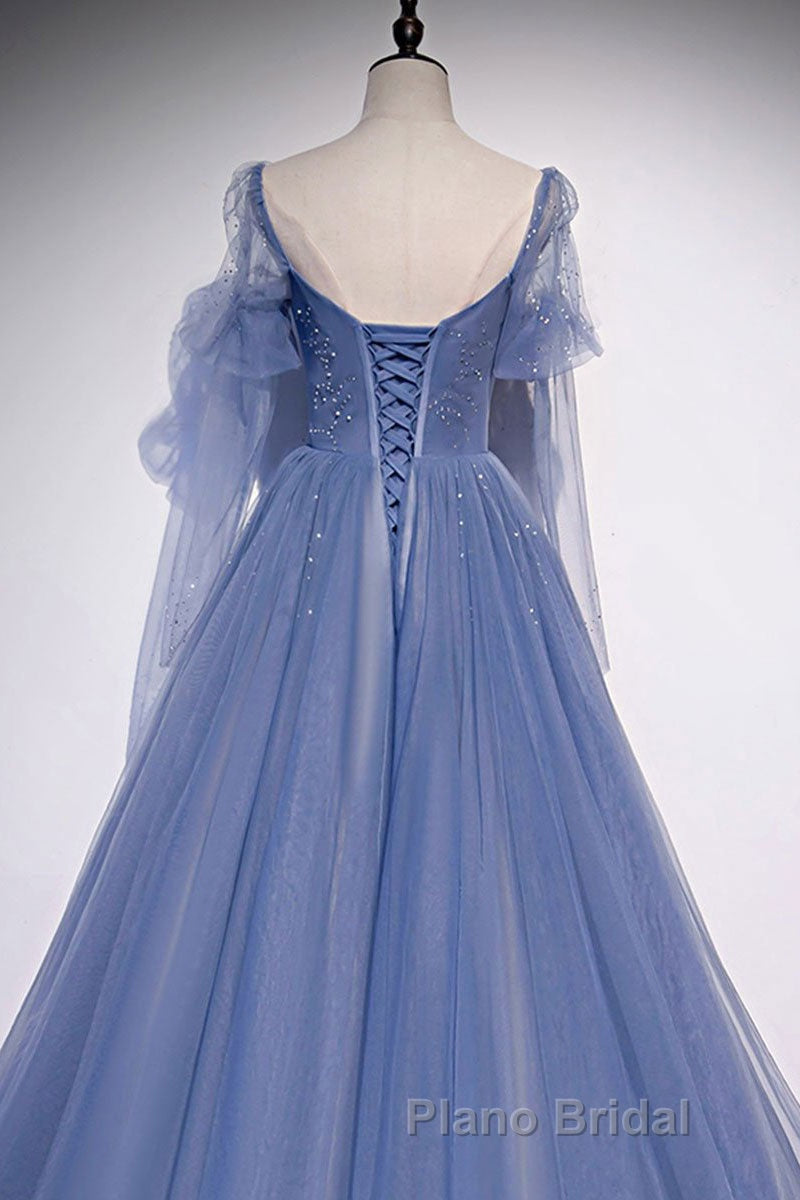 Blue sweetheart tulle sequin long Formal Prom dress blue formal dress