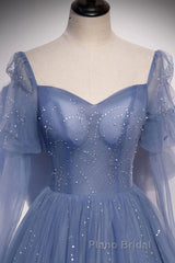 Blue sweetheart tulle sequin long Formal Prom dress blue formal dress
