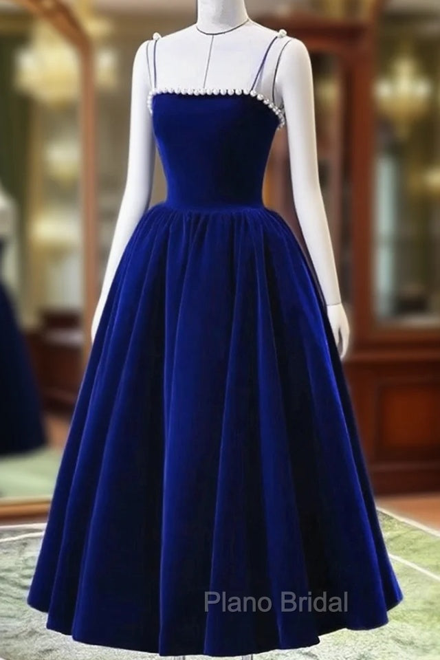 Blue Tea Length Velvet Straps Pearls Formal Dresses, Blue Homecoming Dresses Main image