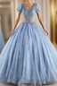 Blue Tule Sequins Short Sleeve Quinceanera Dresses
