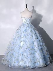 Blue Tulle 3 D Applique Long Formal Prom Dresses, Blue Formal Dresses