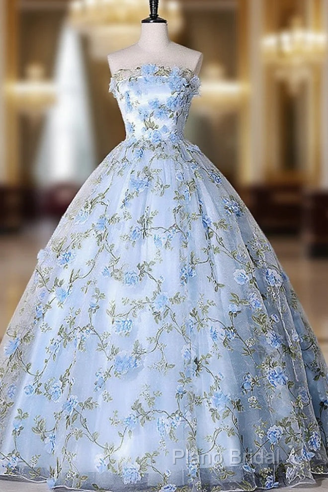 Blue Tulle 3 D Applique Long Formal Prom Dresses, Blue Formal Dresses Main image