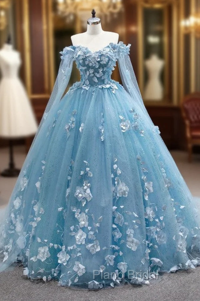 Blue Tulle 3D Appliques Off the Shoulder Formal Prom Dresses