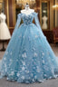 Blue Tulle 3D Appliques Off the Shoulder Formal Prom Dresses