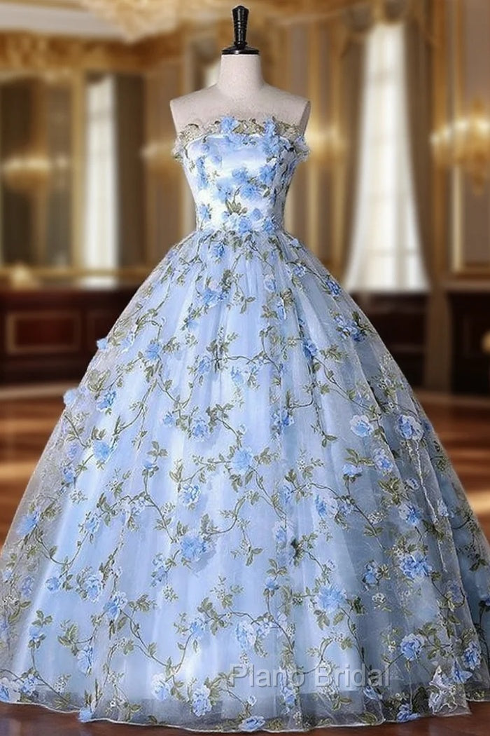 Blue Tulle 3D Flower Strapless Quinceanera Dresses Main image