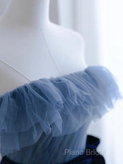 Blue Tulle A-Line Off Shoulder Long Party Dresses, Blue Scoop Formal Prom Dresses Formal Dresses