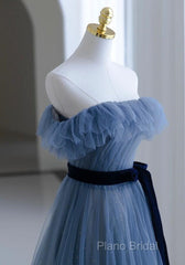 Blue Tulle A-Line Off Shoulder Long Party Dresses, Blue Scoop Formal Prom Dresses Formal Dresses
