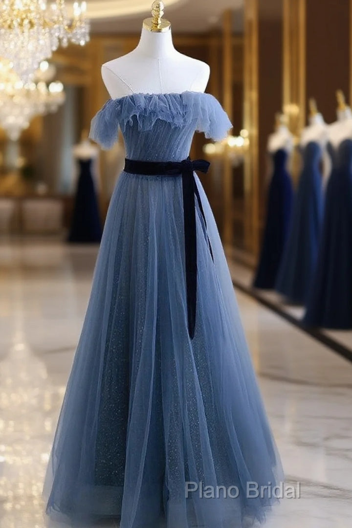 Blue Tulle A-Line Off Shoulder Long Party Dresses, Blue Scoop Formal Prom Dresses Formal Dresses Main image