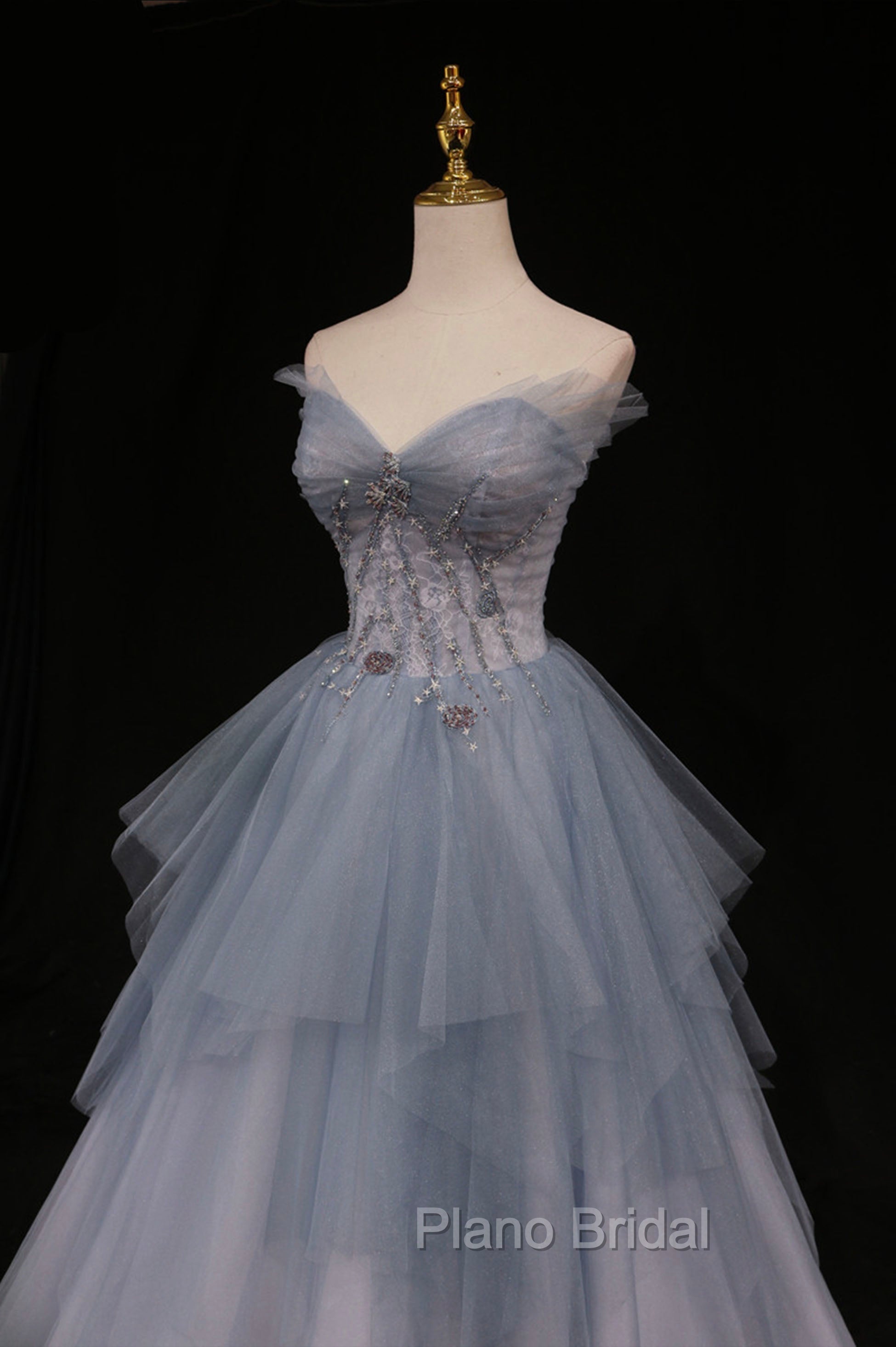 Blue Tulle A-Line Strapless Long Formal Prom Dresses, Blue Evening Party Dresses