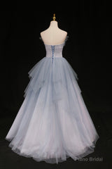 Blue Tulle A-Line Strapless Long Prom Dress, Blue Evening Party Dress