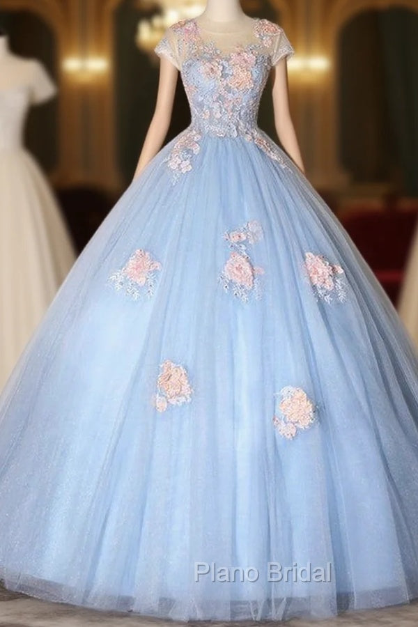 Blue Tulle Appliques Cap Sleeve Quinceanera Dresses Main image