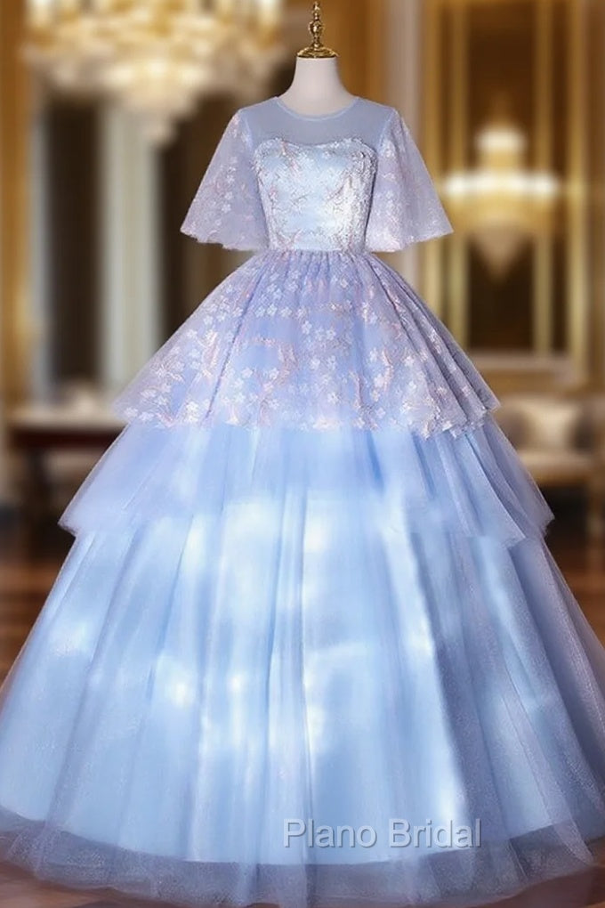 Blue Tulle Appliques Flying Sleeve Quinceanera Dresses Main image