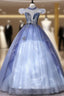 Blue Tulle Appliques See Through Back Quinceanera Dresses