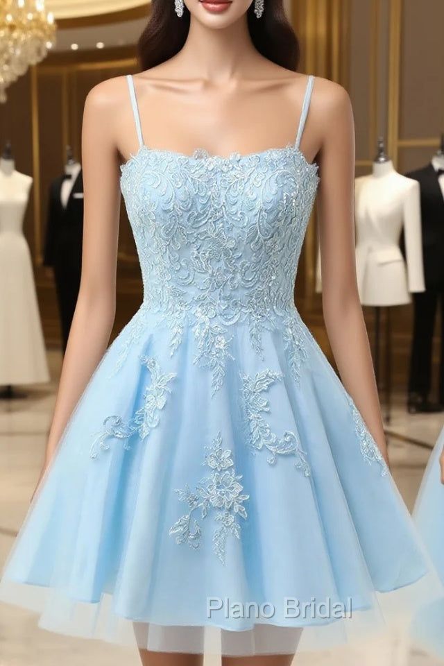 Blue Tulle Appliques Spagehtti Straps Homecoming Dresses Main image