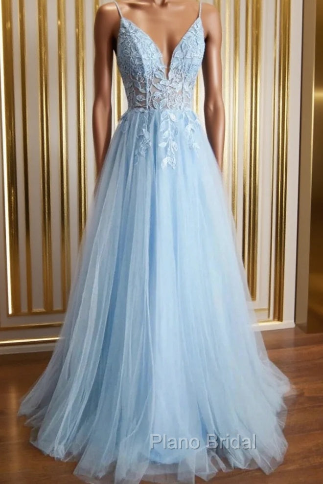 Blue Tulle Appliques Spaghetti Straps Formal Prom Dresses