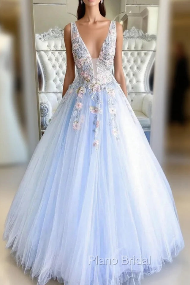 Blue Tulle Appliques V-neck Formal Prom Dresses